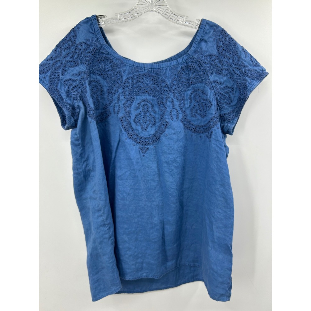 J Jill Blue Linen Eyelet Embroidered Short Sleeve Blouse Top XL